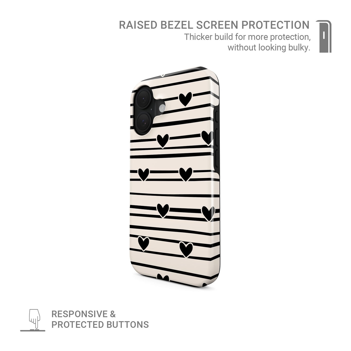 Black heart stripe MagSafe tough phone case with cream background and hand drawn stripe pattern