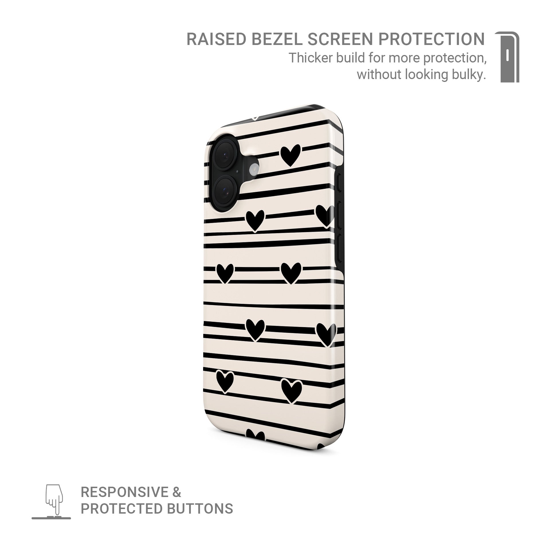 Black heart stripe MagSafe tough phone case with cream background and hand drawn stripe pattern