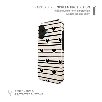 Black heart stripe MagSafe tough phone case with cream background and hand drawn stripe pattern