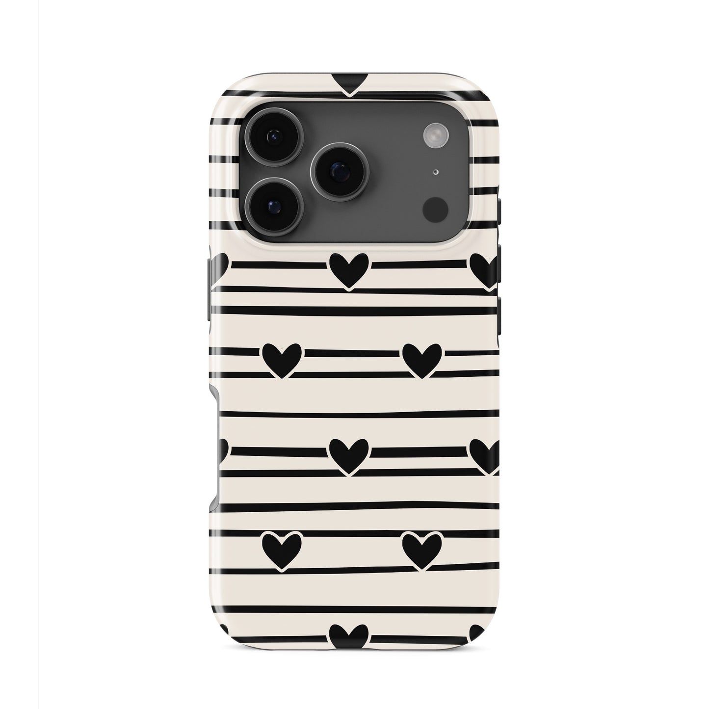 Cream tough phone case with black heart stripe pattern and hand drawn line design