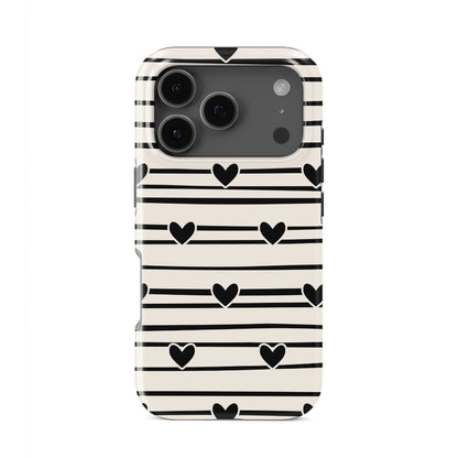 Cream tough phone case with black heart stripe pattern and hand drawn line design