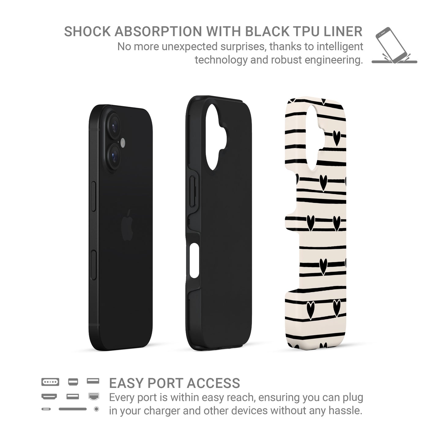 Cream tough phone case with black heart stripe pattern and hand drawn line design