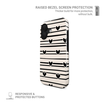 Cream tough phone case with black heart stripe pattern and hand drawn line design