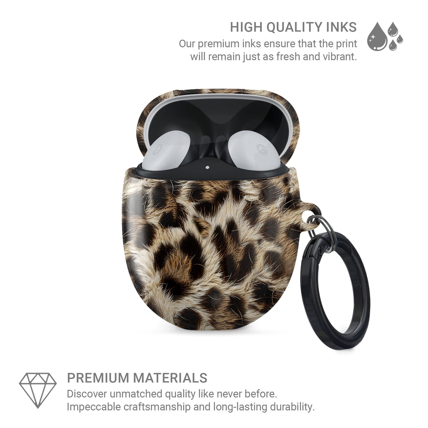 Honey Temptation warm leopard print Google Pixel Buds case with glossy fur detail and keyring loop