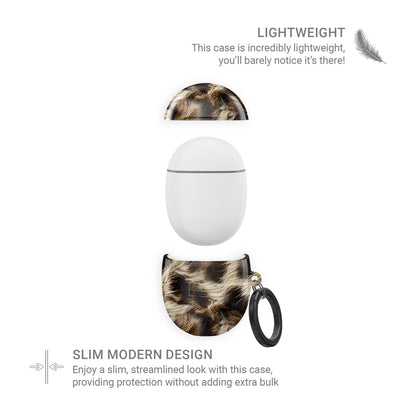 Honey Temptation warm leopard print Google Pixel Buds case with glossy fur detail and keyring loop
