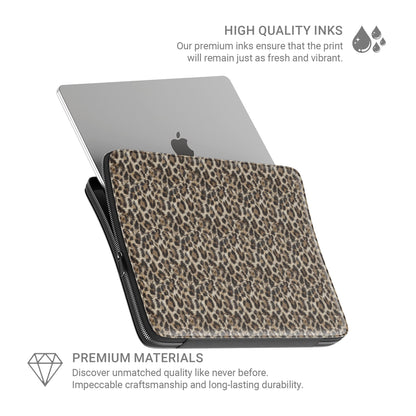 Honey Temptation laptop sleeve with warm honey-gold abstract pattern, vegan leather exterior, padded interior and smooth metal zipper.