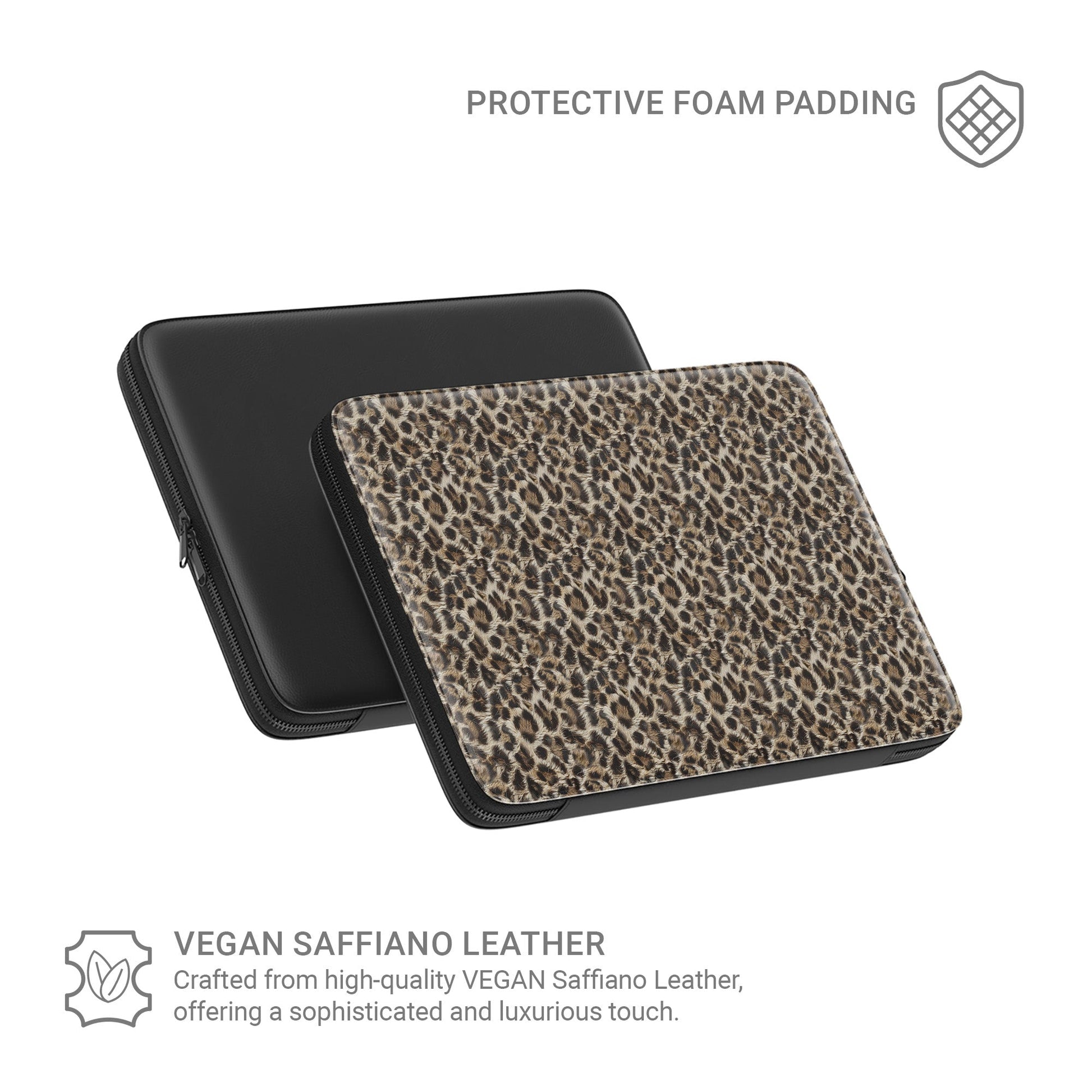 Honey Temptation laptop sleeve with warm honey-gold abstract pattern, vegan leather exterior, padded interior and smooth metal zipper.