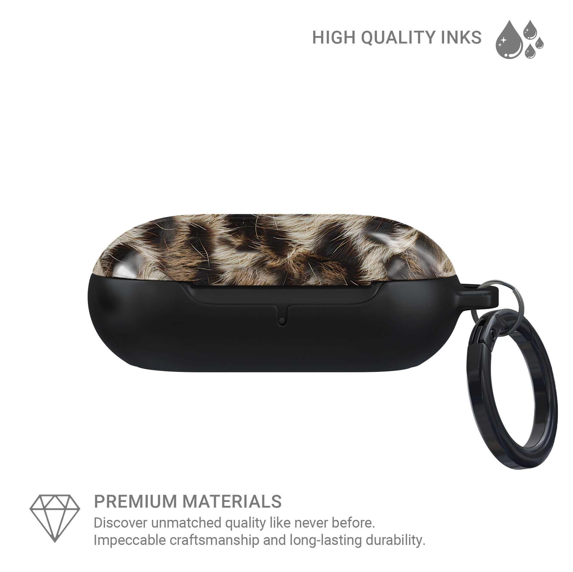 Honey Temptation warm leopard print Samsung Buds case with glossy fur detail and keyring loop