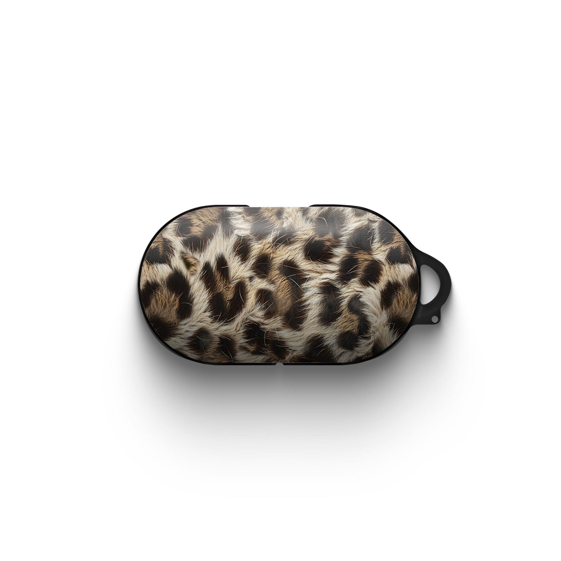 Honey Temptation warm leopard print Samsung Buds case with glossy fur detail and keyring loop