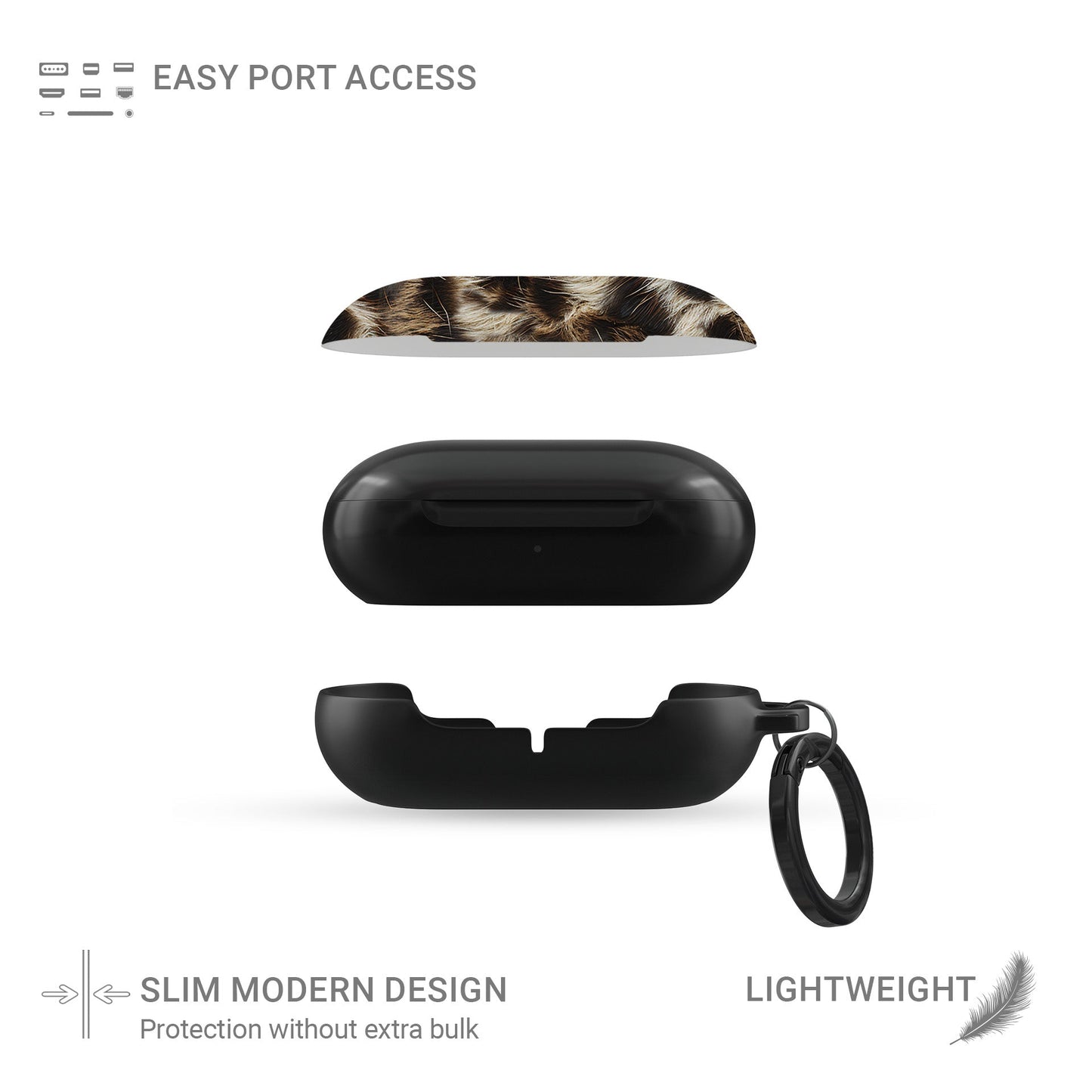 Honey Temptation warm leopard print Samsung Buds case with glossy fur detail and keyring loop