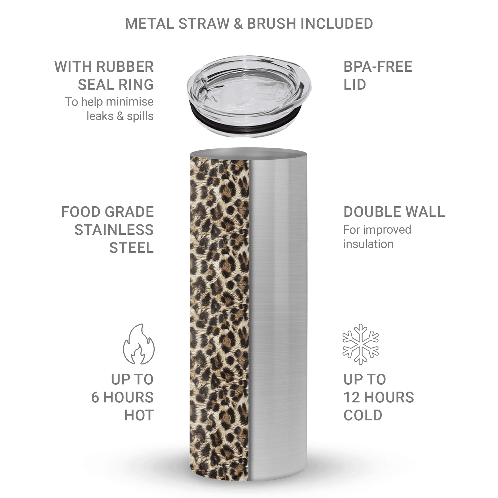 Honey Temptation stainless steel tumbler with warm animal inspired print, metal straw, BPA free lid and double wall insulation.