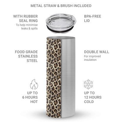 Honey Temptation stainless steel tumbler with warm animal inspired print, metal straw, BPA free lid and double wall insulation.