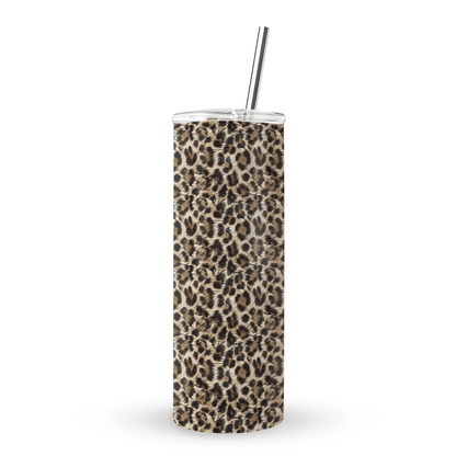 Honey Temptation stainless steel tumbler with warm animal inspired print, metal straw, BPA free lid and double wall insulation.
