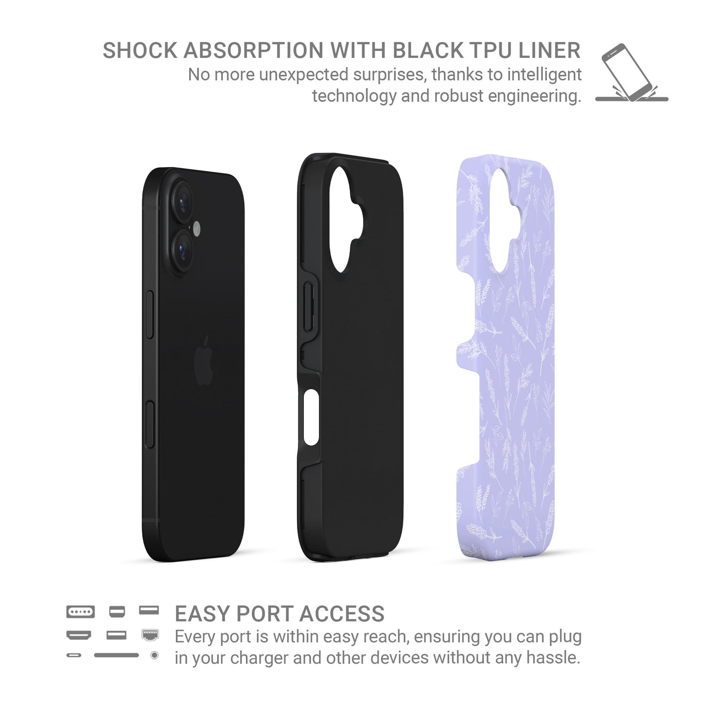 Lavender lilac tough protective phone case for iPhone, Samsung and Pixel