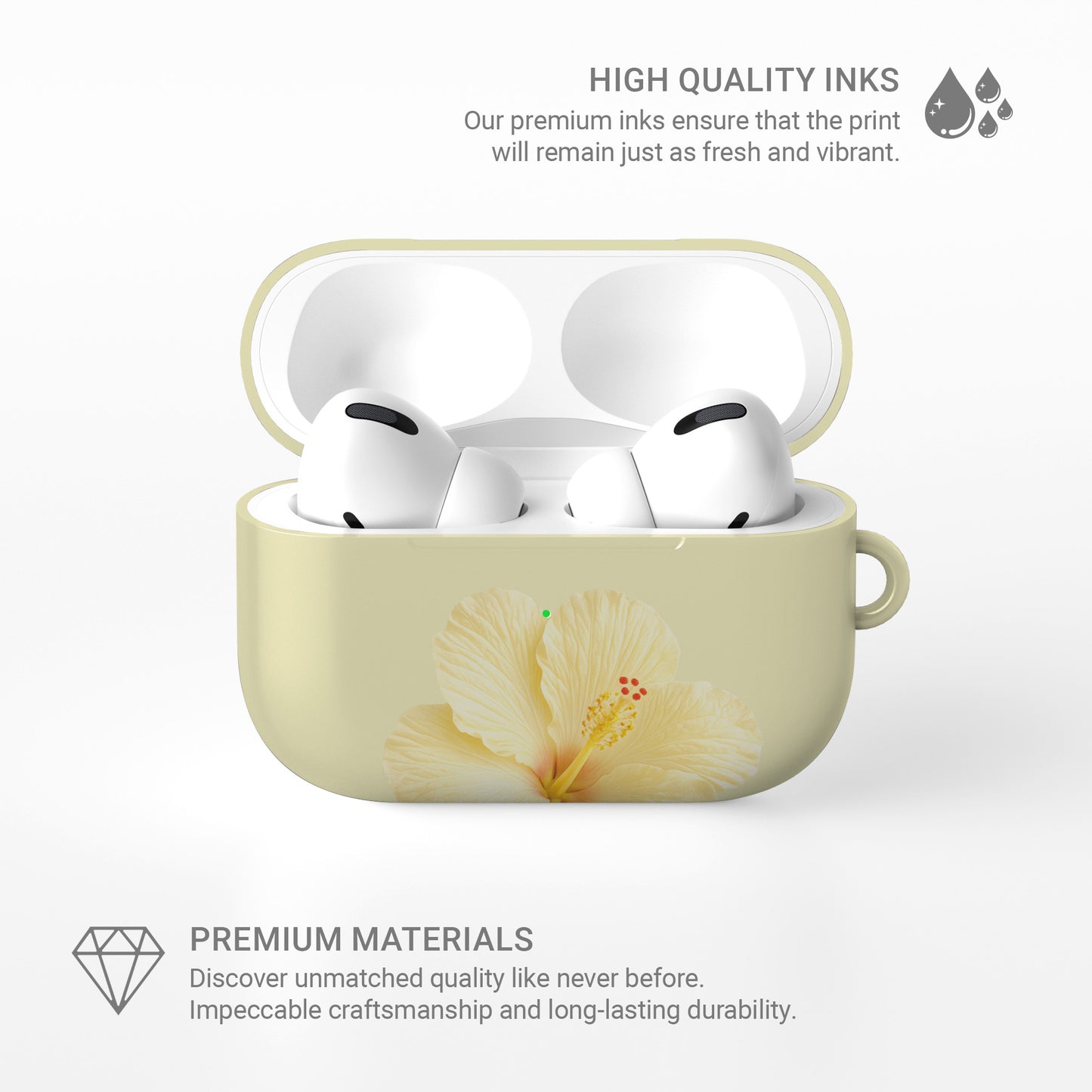 Yellow hibiscus AirPods case with soft lemon floral print on a glossy Apple AirPods case by Case & Charm.