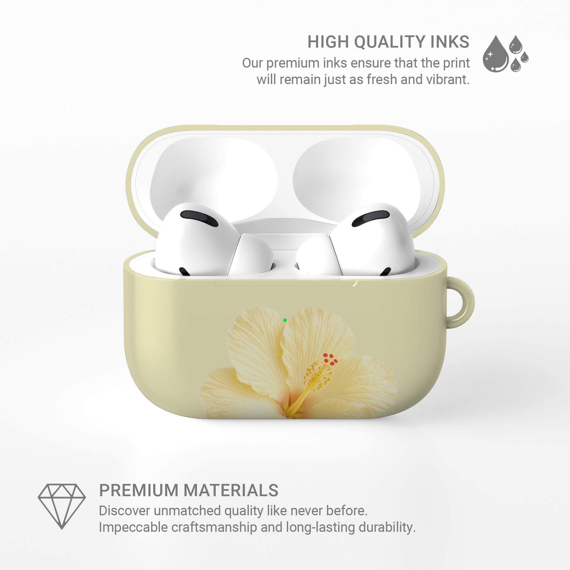 Yellow hibiscus AirPods case with soft lemon floral print on a glossy Apple AirPods case by Case & Charm.