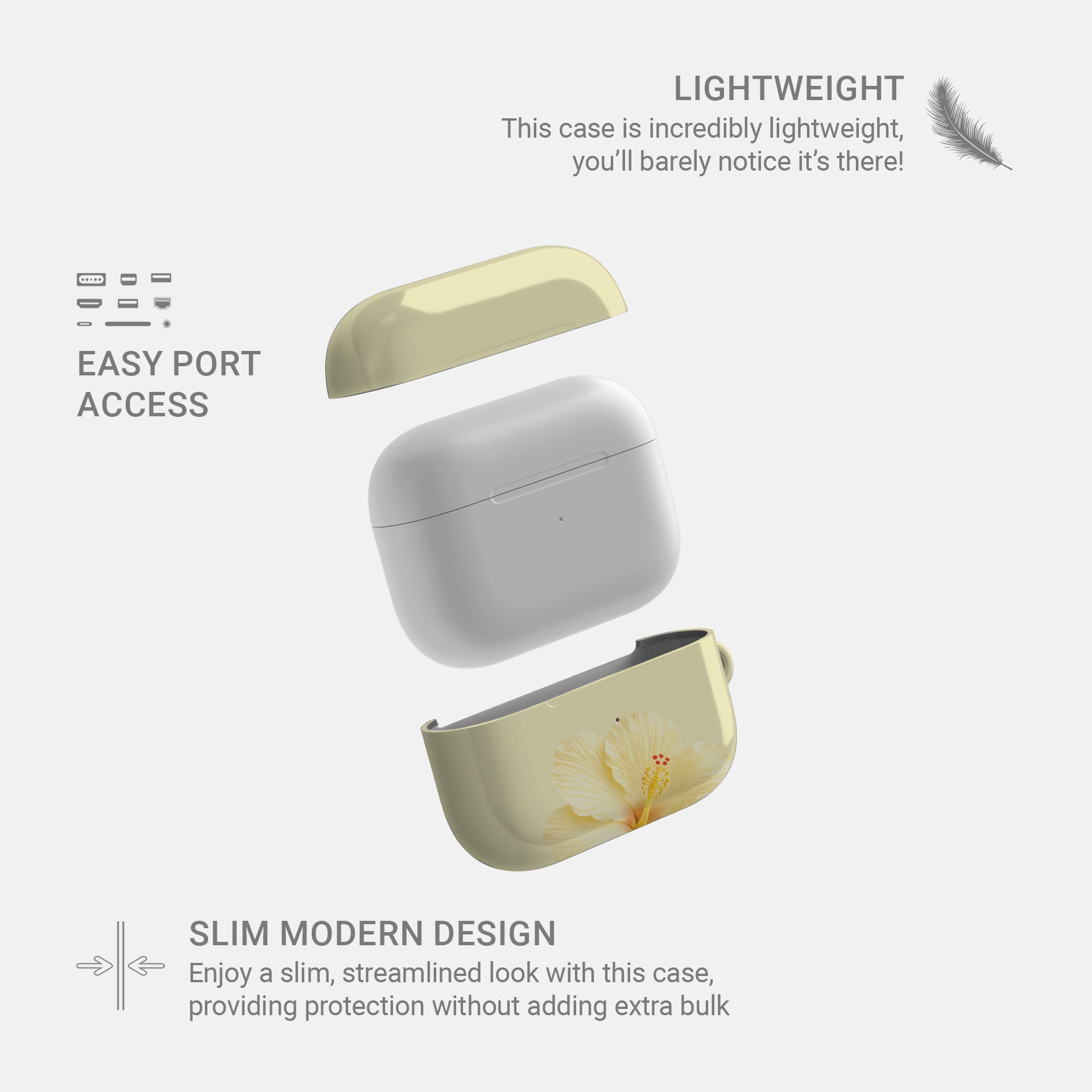 Yellow hibiscus AirPods case with soft lemon floral print on a glossy Apple AirPods case by Case & Charm.