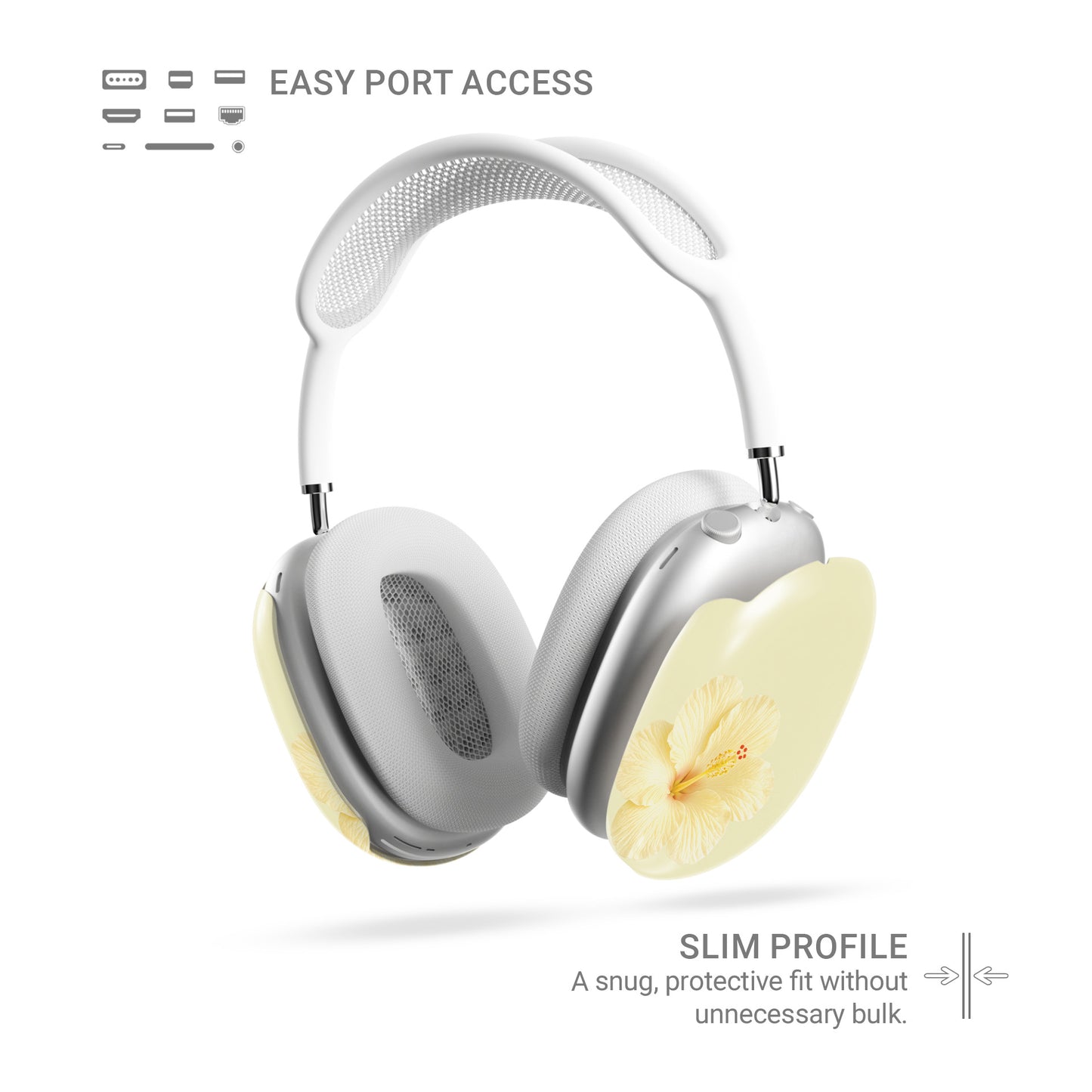 Yellow hibiscus AirPods Max case with soft lemon floral print on glossy headphone ear cup covers by Case & Charm.