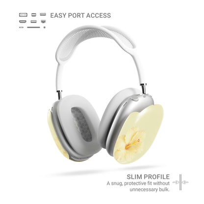 Yellow hibiscus AirPods Max case with soft lemon floral print on glossy headphone ear cup covers by Case & Charm.