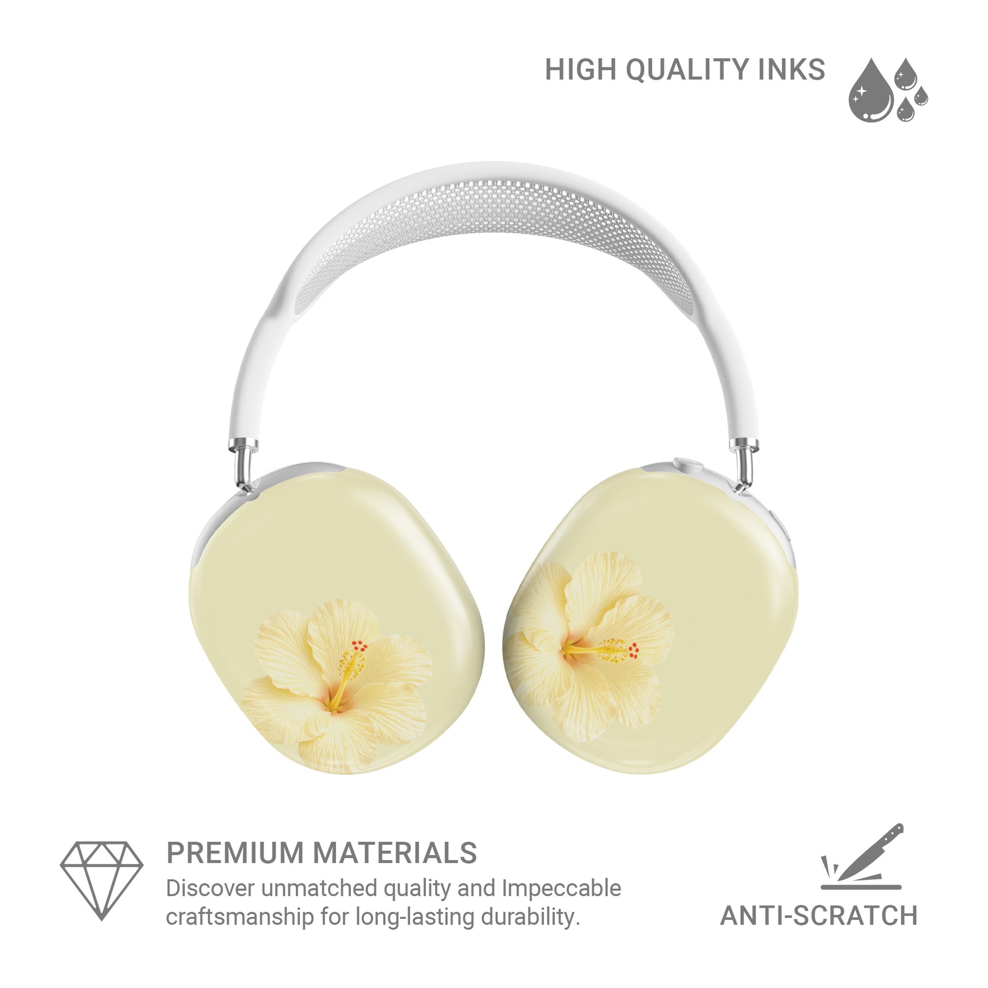 Yellow hibiscus AirPods Max case with soft lemon floral print on glossy headphone ear cup covers by Case & Charm.