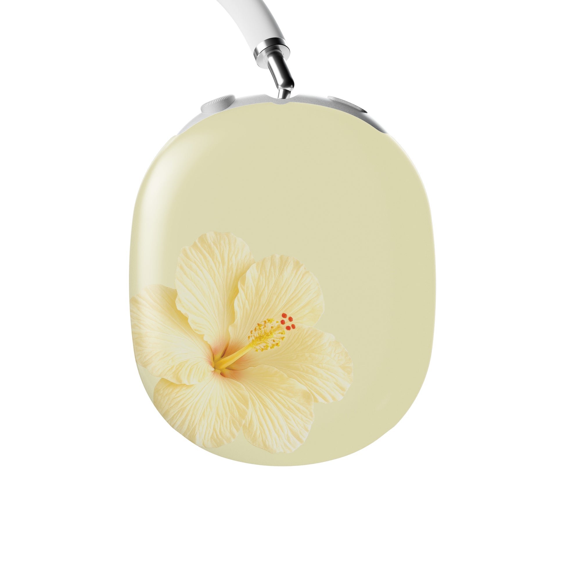 Yellow hibiscus AirPods Max case with soft lemon floral print on glossy headphone ear cup covers by Case & Charm.