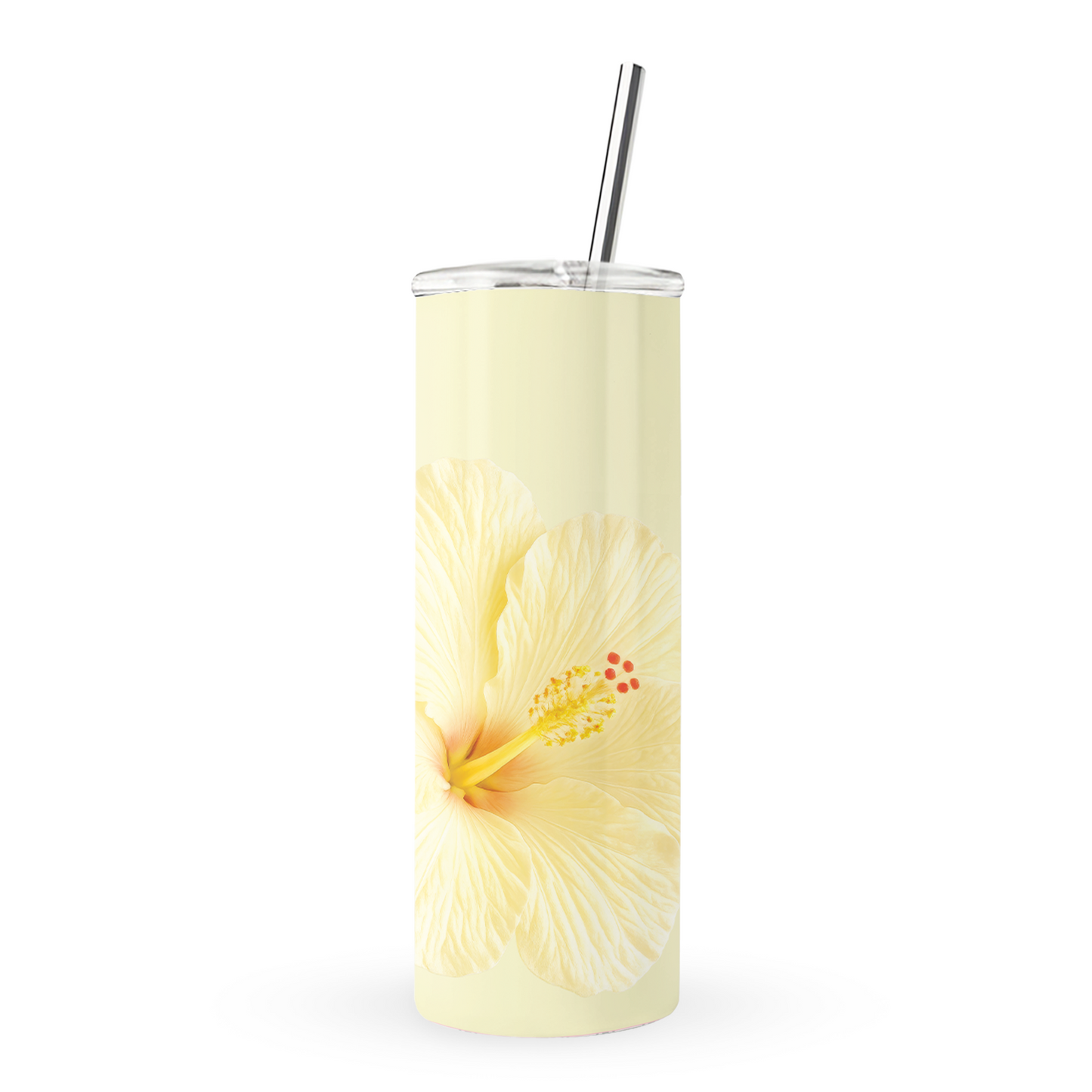 Yellow hibiscus tumbler with soft lemon floral print on a 20oz stainless steel travel cup by Case & Charm.