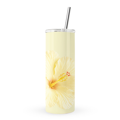 Yellow hibiscus tumbler with soft lemon floral print on a 20oz stainless steel travel cup by Case & Charm.