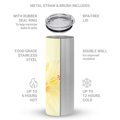 Yellow hibiscus tumbler with soft lemon floral print on a 20oz stainless steel travel cup by Case & Charm.