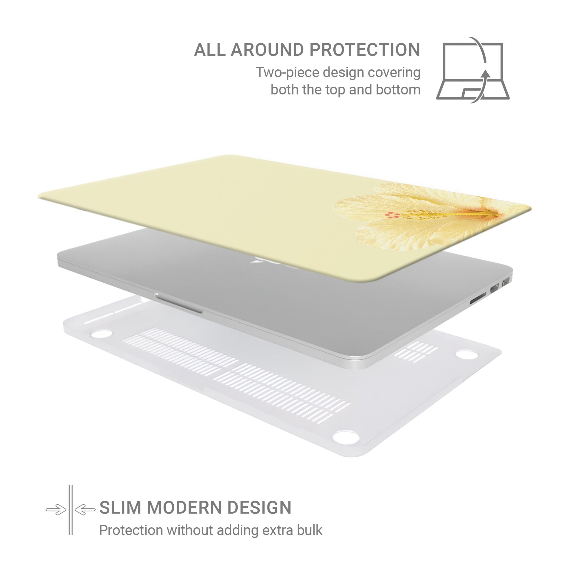 Yellow hibiscus MacBook case with soft lemon floral print on a slim hard shell Apple MacBook cover by Case & Charm.