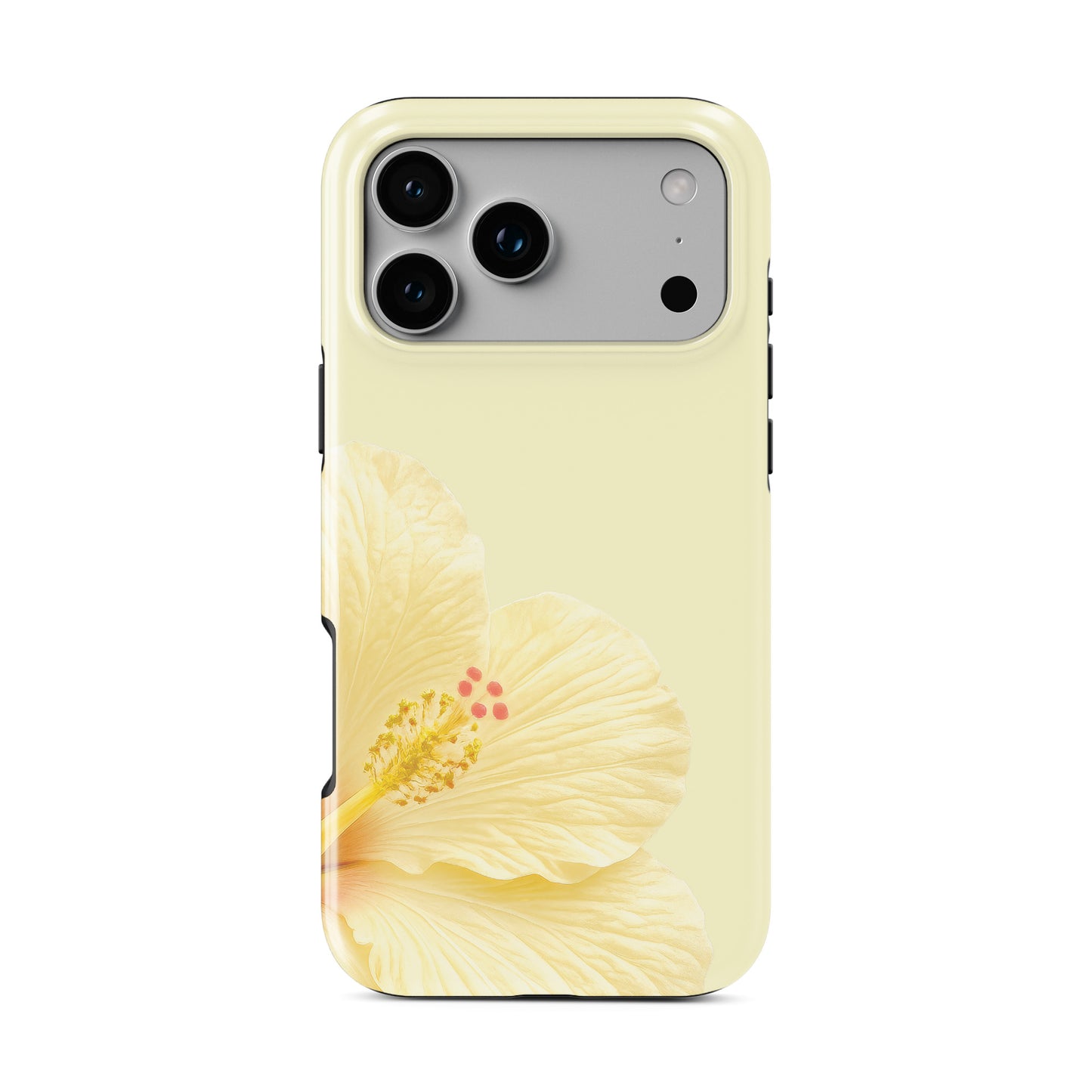 Yellow floral MagSafe phone case featuring a large cream hibiscus bloom on a pale lemon background with a soft tropical botanical look.