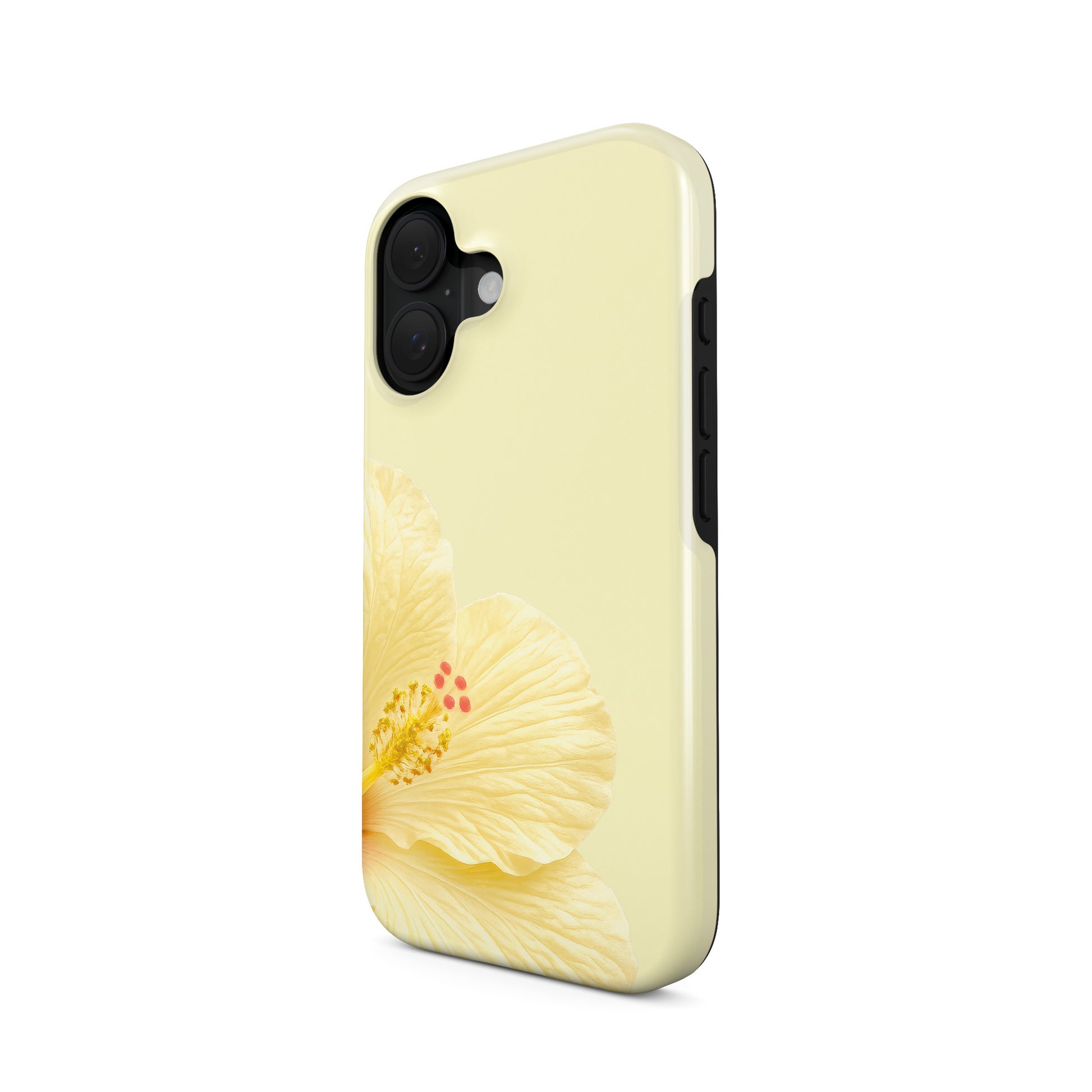 Yellow floral MagSafe phone case featuring a large cream hibiscus bloom on a pale lemon background with a soft tropical botanical look.