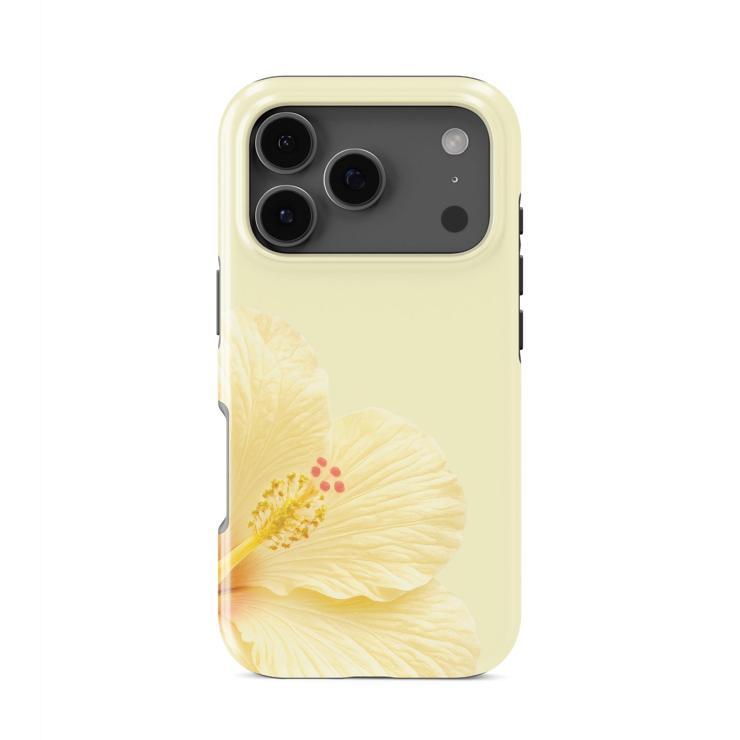 Yellow floral tough phone case featuring a cream hibiscus flower on a pale lemon background with a soft tropical botanical style.