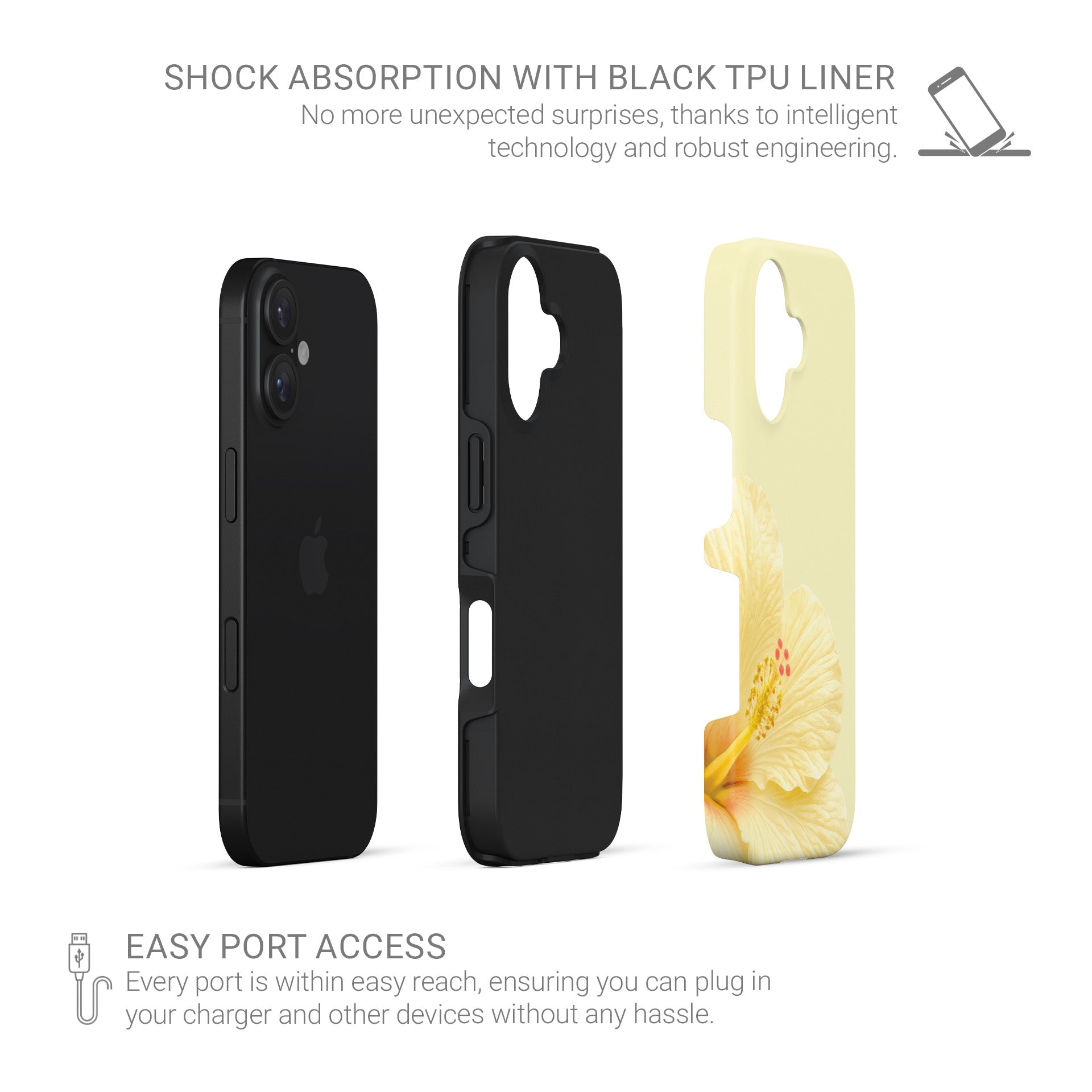 Yellow floral tough phone case featuring a cream hibiscus flower on a pale lemon background with a soft tropical botanical style.