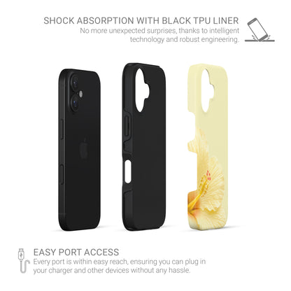 Yellow floral tough phone case featuring a cream hibiscus flower on a pale lemon background with a soft tropical botanical style.