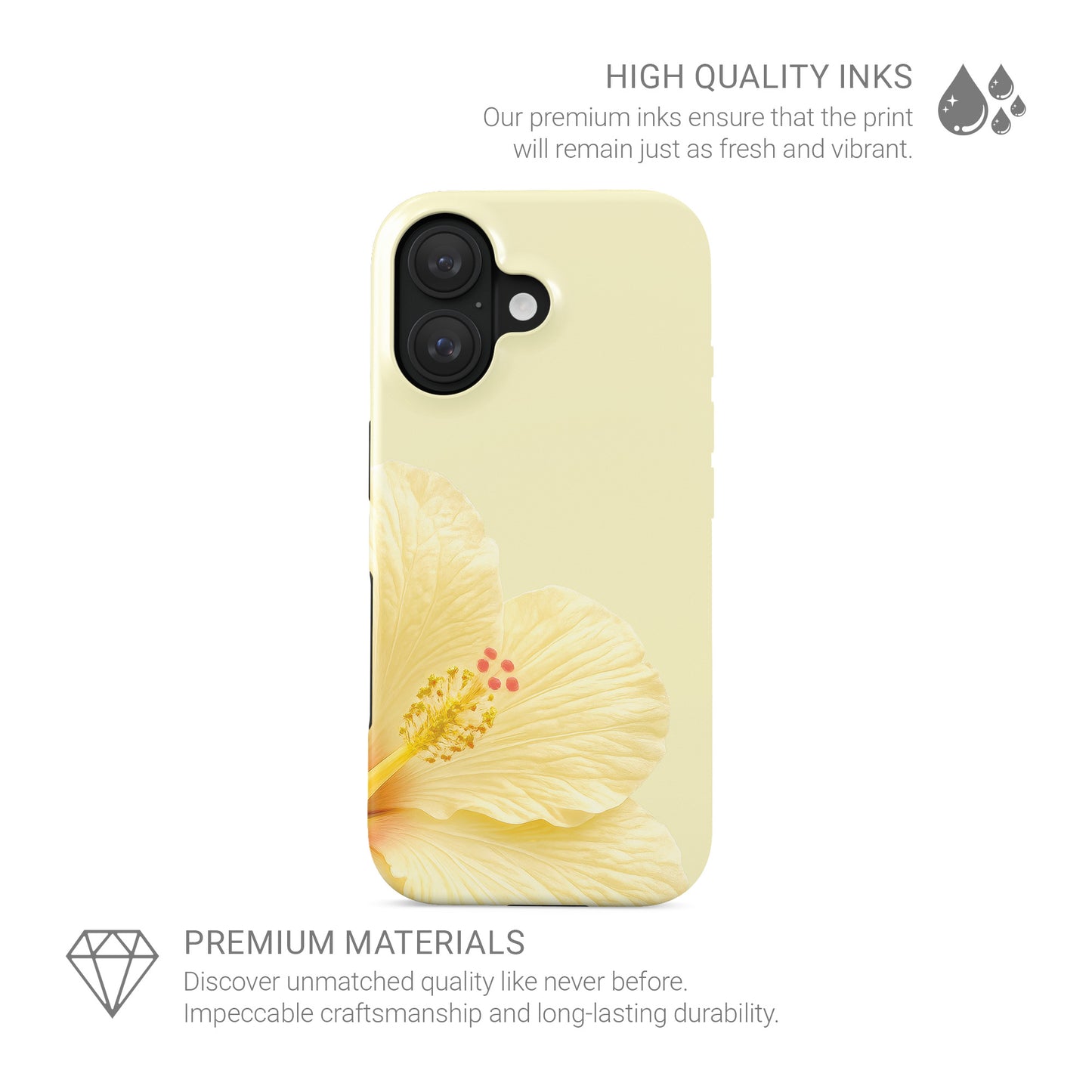 Yellow floral tough phone case featuring a cream hibiscus flower on a pale lemon background with a soft tropical botanical style.