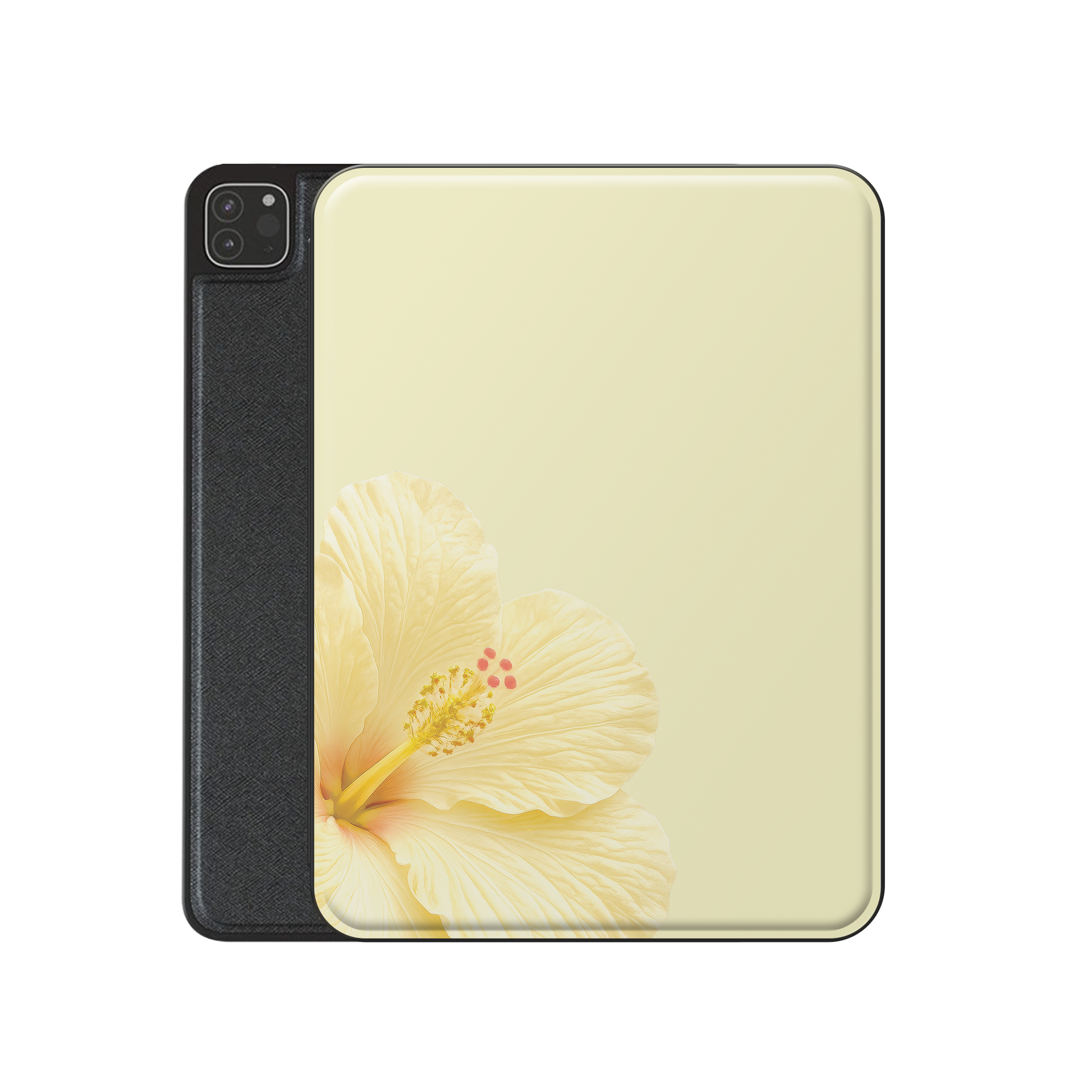 Yellow hibiscus iPad case with soft floral print on a vegan leather Apple iPad folio case by Case & Charm.