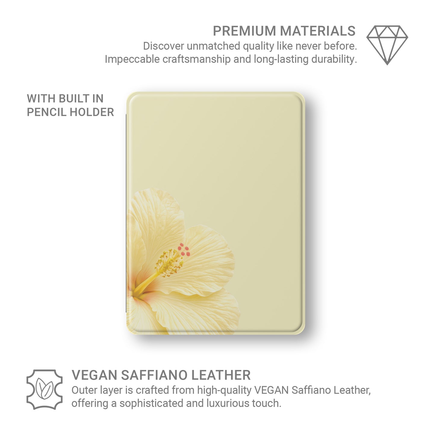 Yellow hibiscus iPad case with soft floral print on a vegan leather Apple iPad folio case by Case & Charm.