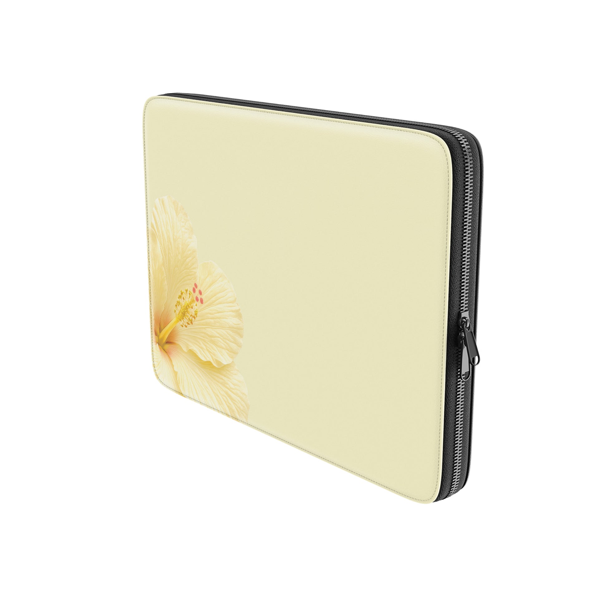 Yellow hibiscus laptop sleeve with soft floral print on a vegan leather laptop case by Case & Charm.