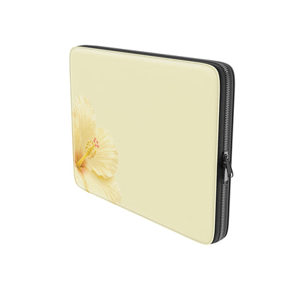 Yellow hibiscus laptop sleeve with soft floral print on a vegan leather laptop case by Case & Charm.