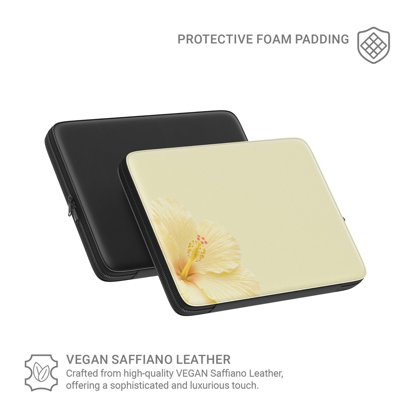 Yellow hibiscus laptop sleeve with soft floral print on a vegan leather laptop case by Case & Charm.
