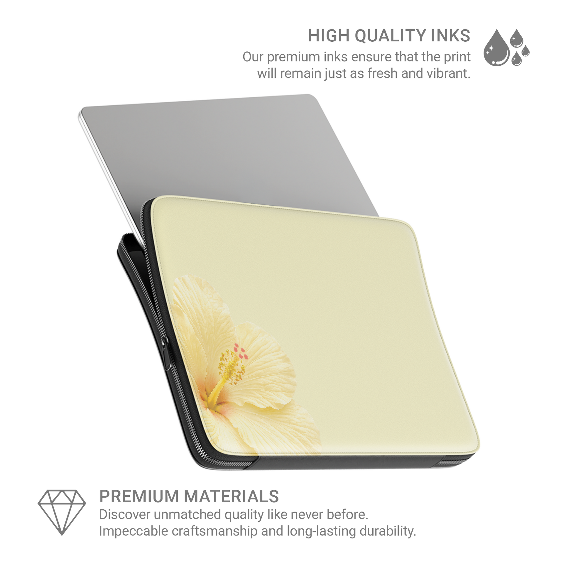 Yellow hibiscus laptop sleeve with soft floral print on a vegan leather laptop case by Case & Charm.