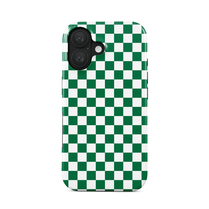 Green checkered MagSafe tough phone case – Matcha Grid design from the Checkmate Collection, dual-layer magnetic protective case for iPhone.