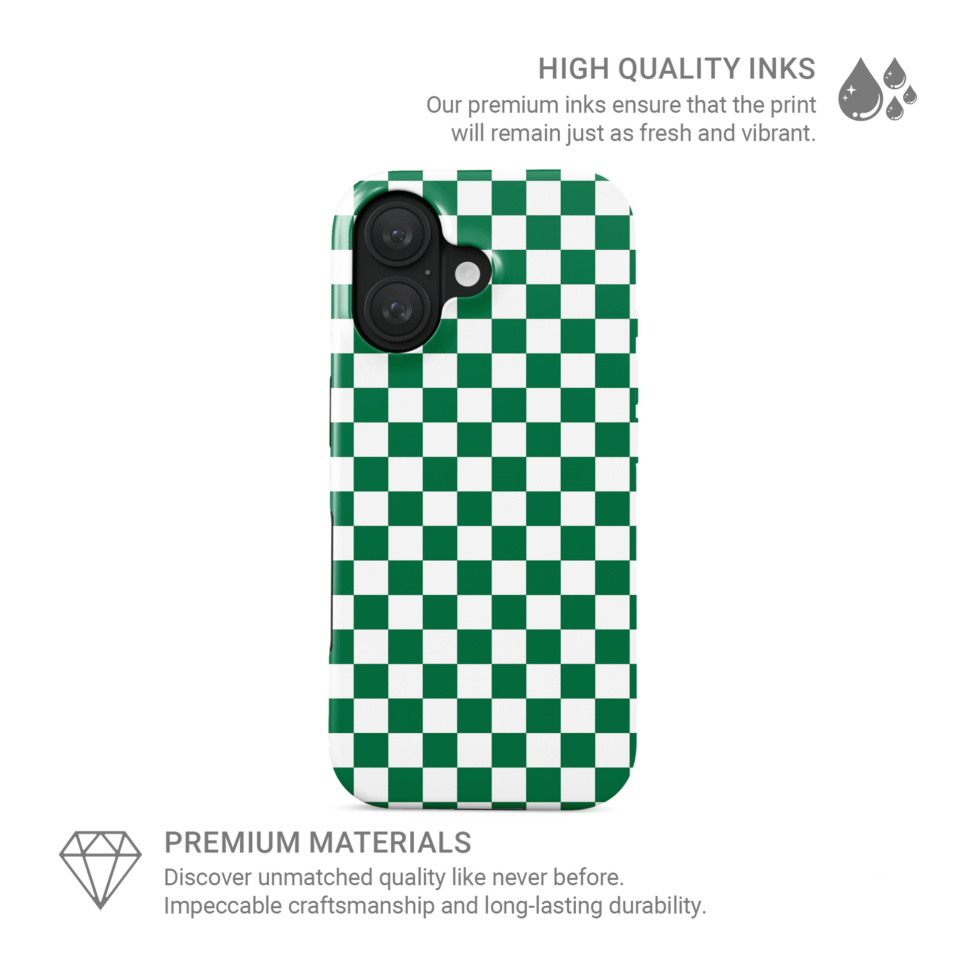 Green checkered MagSafe tough phone case – Matcha Grid design from the Checkmate Collection, dual-layer magnetic protective case for iPhone.