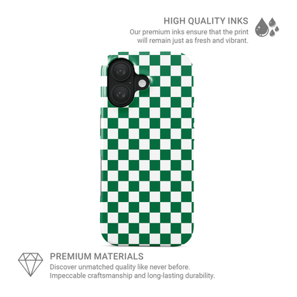Green checkered MagSafe tough phone case – Matcha Grid design from the Checkmate Collection, dual-layer magnetic protective case for iPhone.