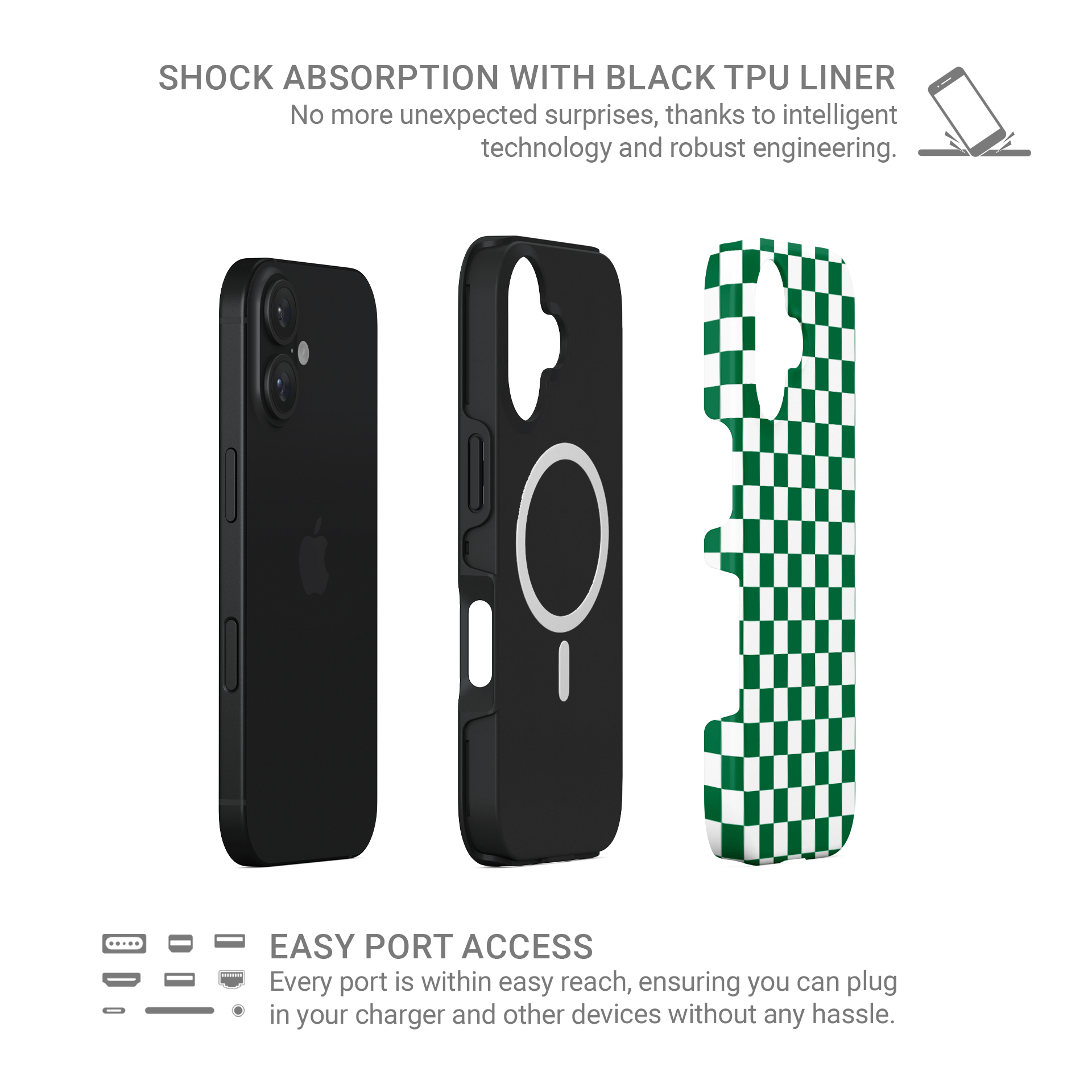 Green checkered MagSafe tough phone case – Matcha Grid design from the Checkmate Collection, dual-layer magnetic protective case for iPhone.
