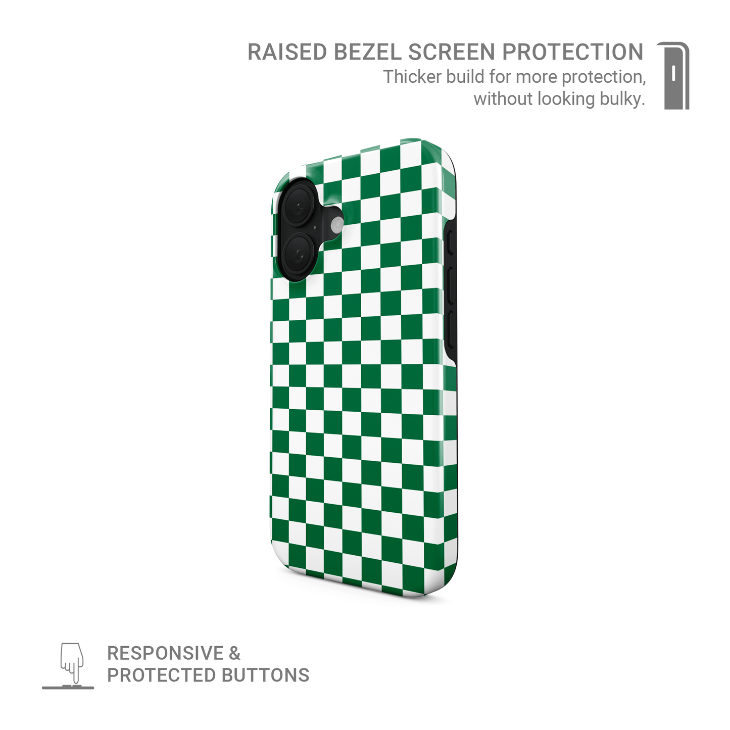 Green checkered MagSafe tough phone case – Matcha Grid design from the Checkmate Collection, dual-layer magnetic protective case for iPhone.