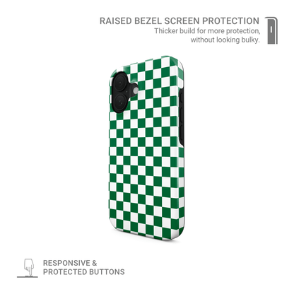 Green checkered MagSafe tough phone case – Matcha Grid design from the Checkmate Collection, dual-layer magnetic protective case for iPhone.