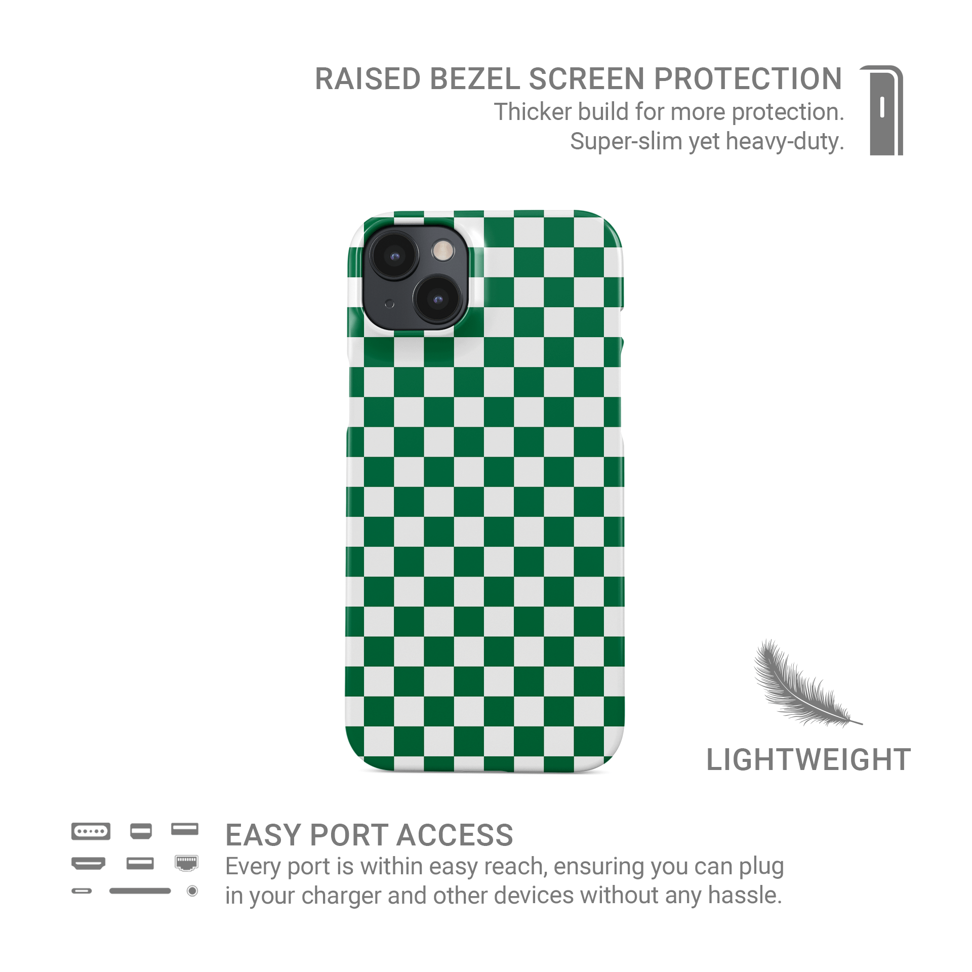 Green checkered snap phone case – Matcha Grid design from the Checkmate Collection, aesthetic slim phone case for iPhone, Samsung and Google Pixel