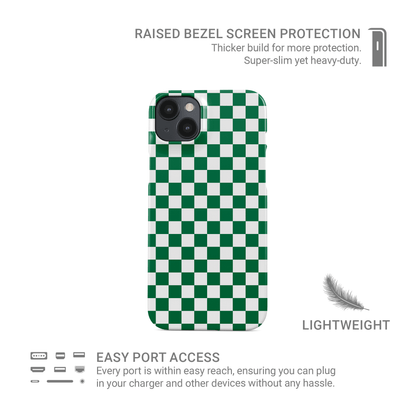 Green checkered snap phone case – Matcha Grid design from the Checkmate Collection, aesthetic slim phone case for iPhone, Samsung and Google Pixel