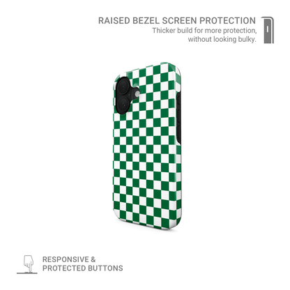Green checkered tough phone case – Matcha Grid design from the Checkmate Collection, dual-layer protective case for iPhone, Samsung and Pixel